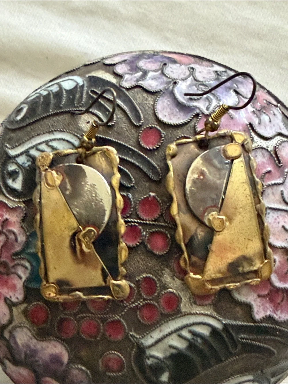 Antique brass and silver artist created Geometric Drop Earrings -pierced